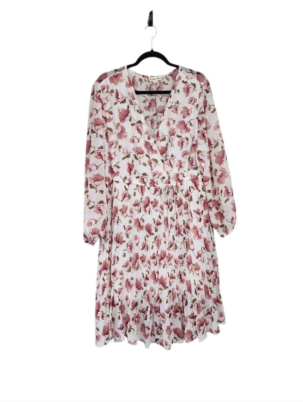Indigo Rose Midi Dress 2X White Pink Floral Sheer Long Sleeve Pleated